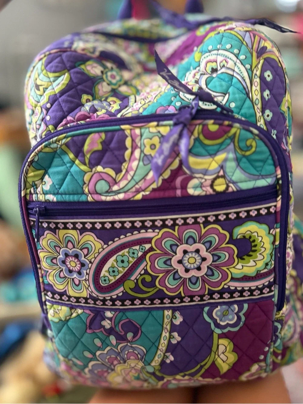 Vera Bradley Paisley Floral Quilted Backpack - Purple Teal Lime